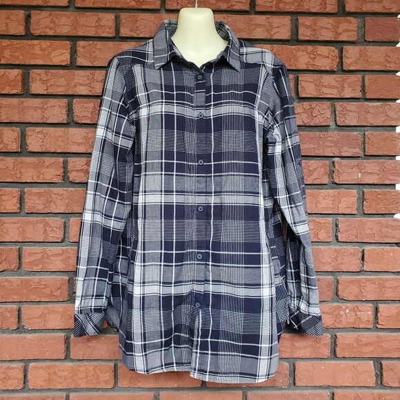 Columbia Tops - Columbia Plaid Shirt Sz L Times Two Long Sleeve Tunic Blue Roll Tab 100% Cotton